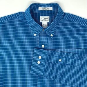 L.L. Bean Traditional Fit Blue & White Check Men's Long Sleeve Shirt Size Medium